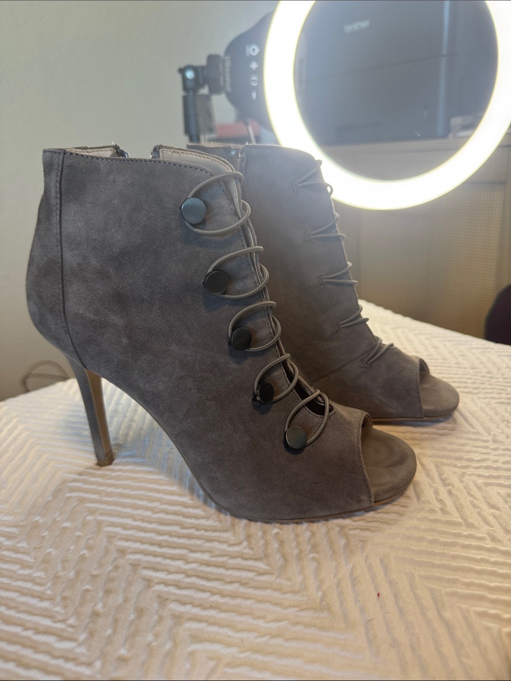 Charles By Charles David Gray Suede Peep-Toe Lace-Up Ankle Boots